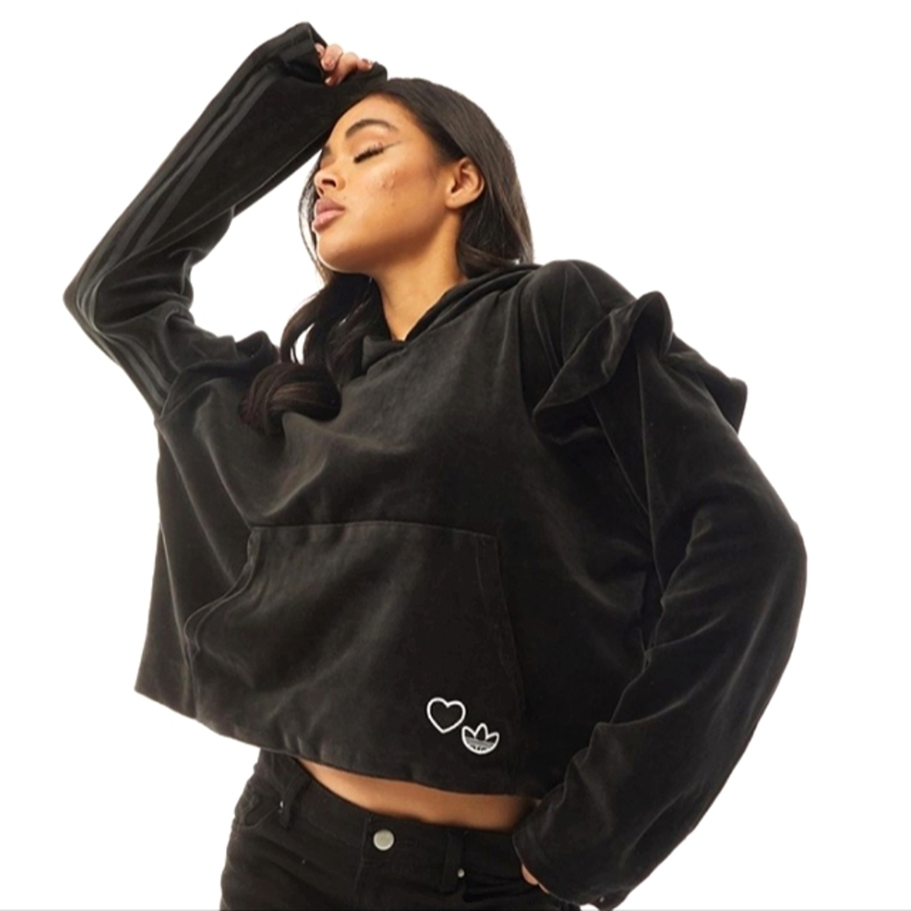 Adidas Velour Heart Shaped Patch Women's Hoodie In All Black